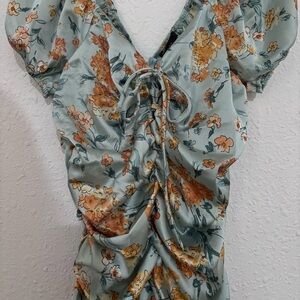 Floral Ruched Women Top - Blue and Orange